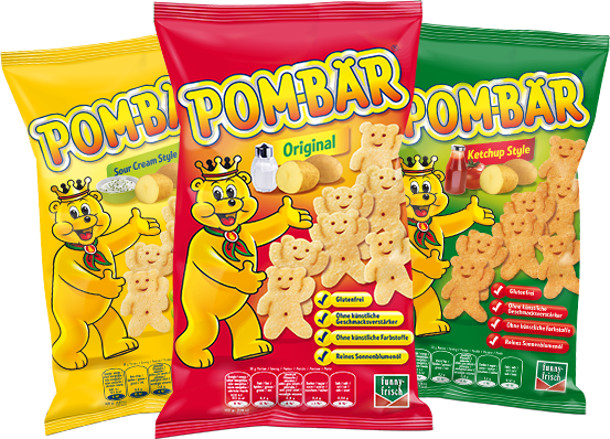 The 3 POM-BÄR varieties POM-BÄR Original, POM-BÄR Ketchup and POM-BÄR Sour Cream